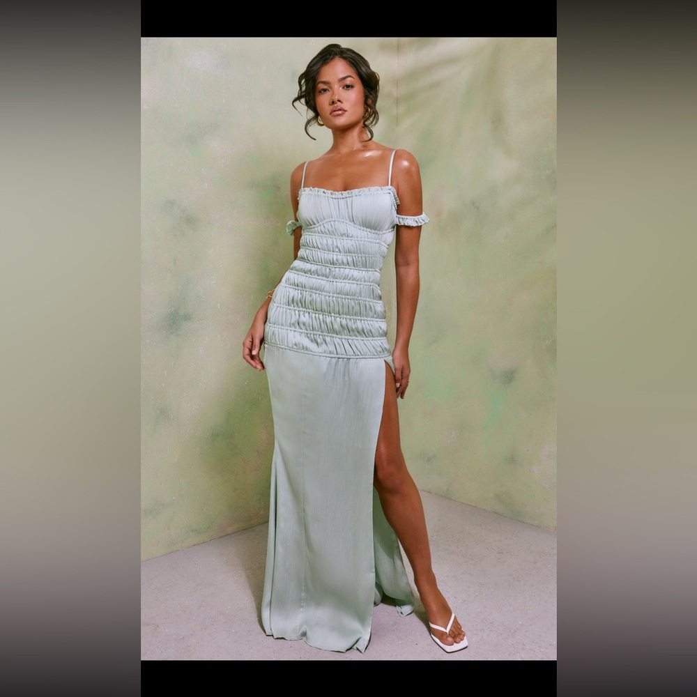 Oh Polly Green Ruched Sheath Maxi Dress